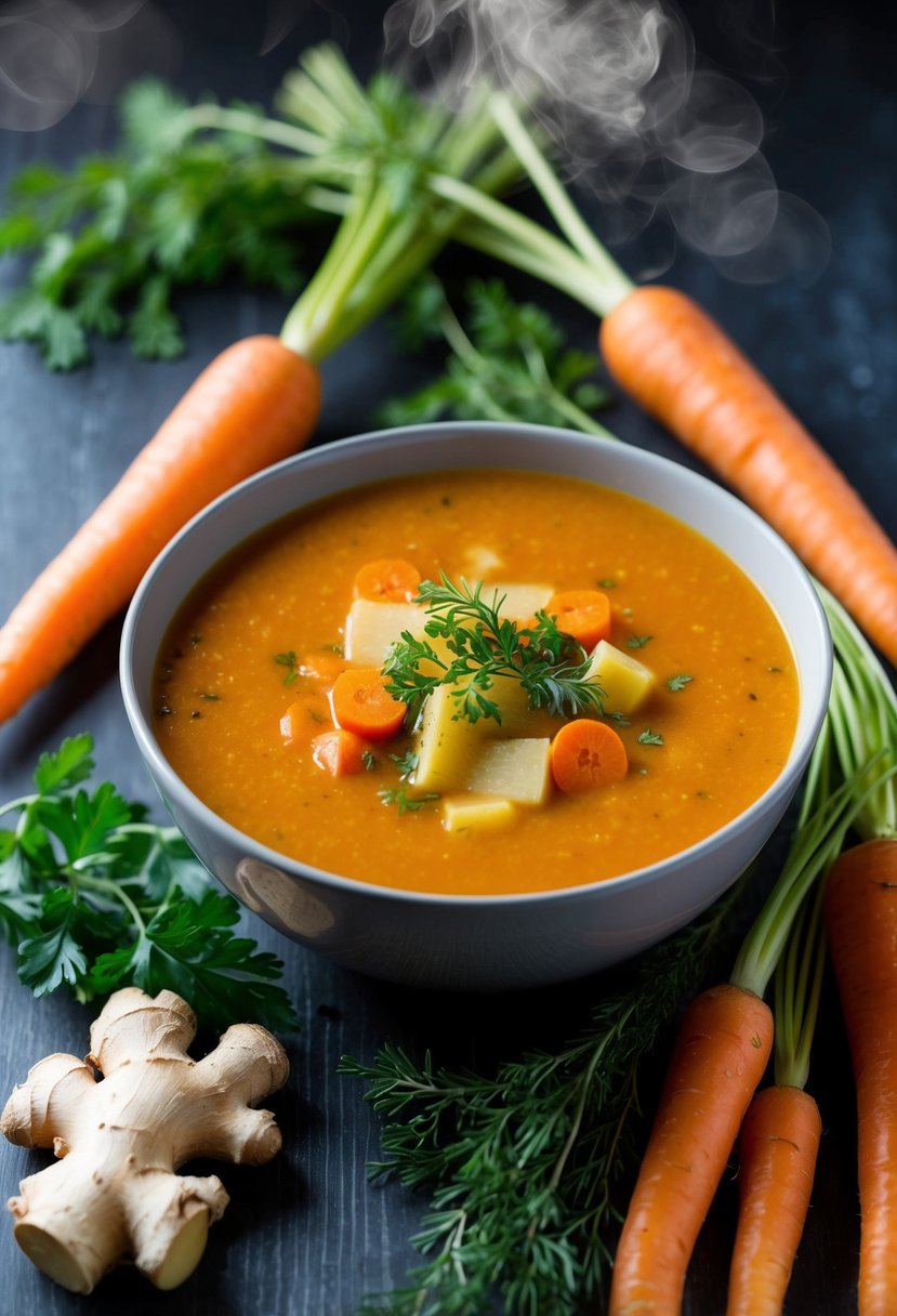 A steaming bowl of ginger carrot soup surrounded by fresh carrots, ginger root, and herbs