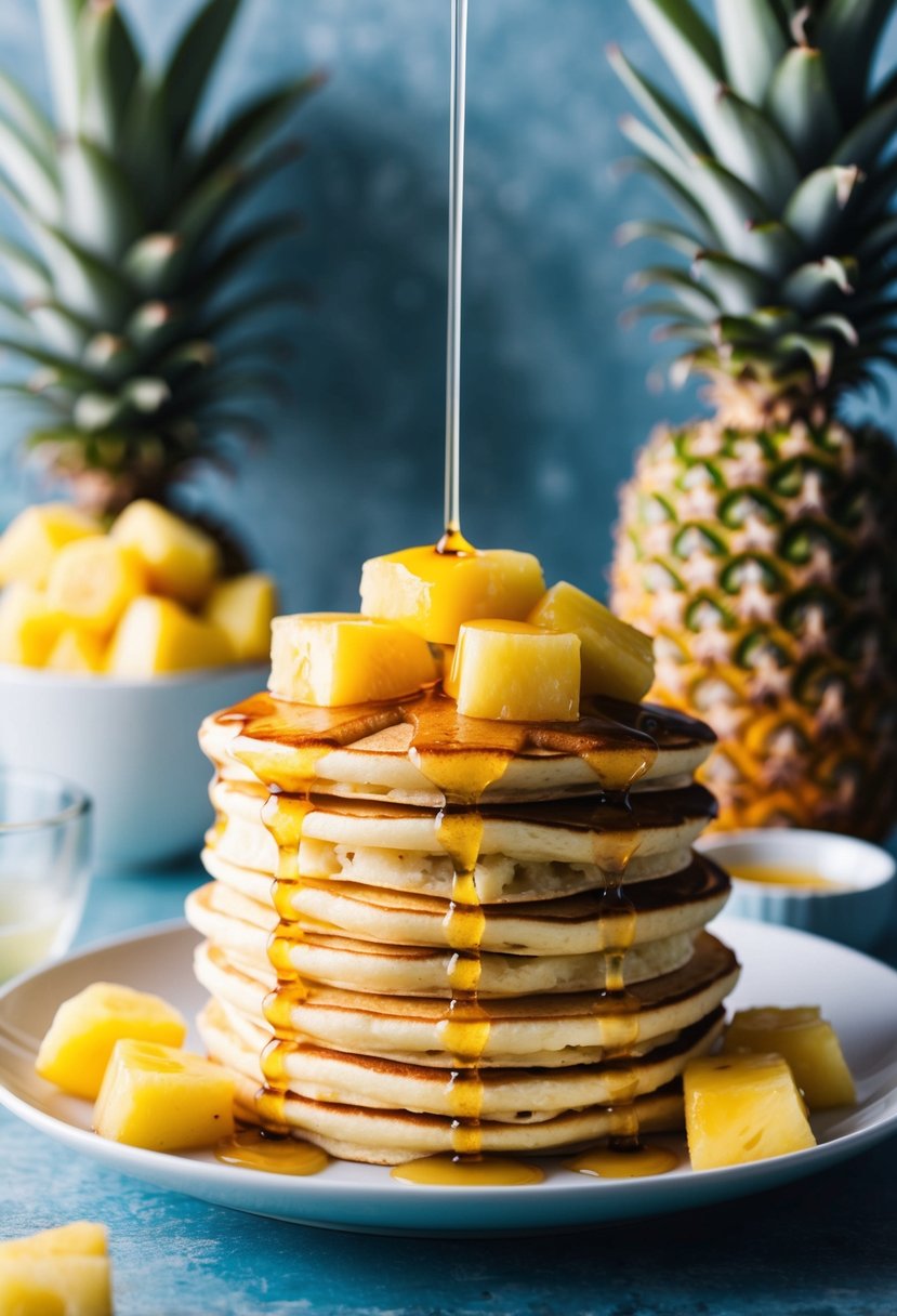 A stack of fluffy pineapple pancakes topped with chunks of fresh pineapple and drizzled with syrup