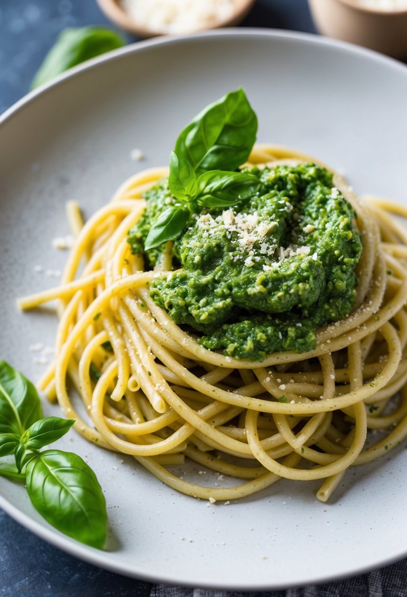 A plate of whole wheat pasta topped with vibrant green basil pesto, garnished with fresh basil leaves and a sprinkle of parmesan cheese