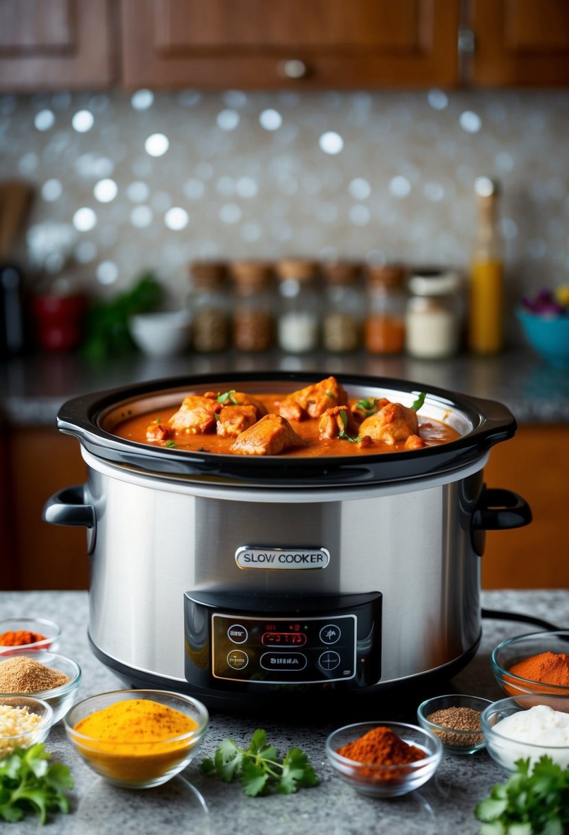 A slow cooker filled with simmering chicken tikka masala, surrounded by colorful spices and ingredients, sitting on a kitchen counter