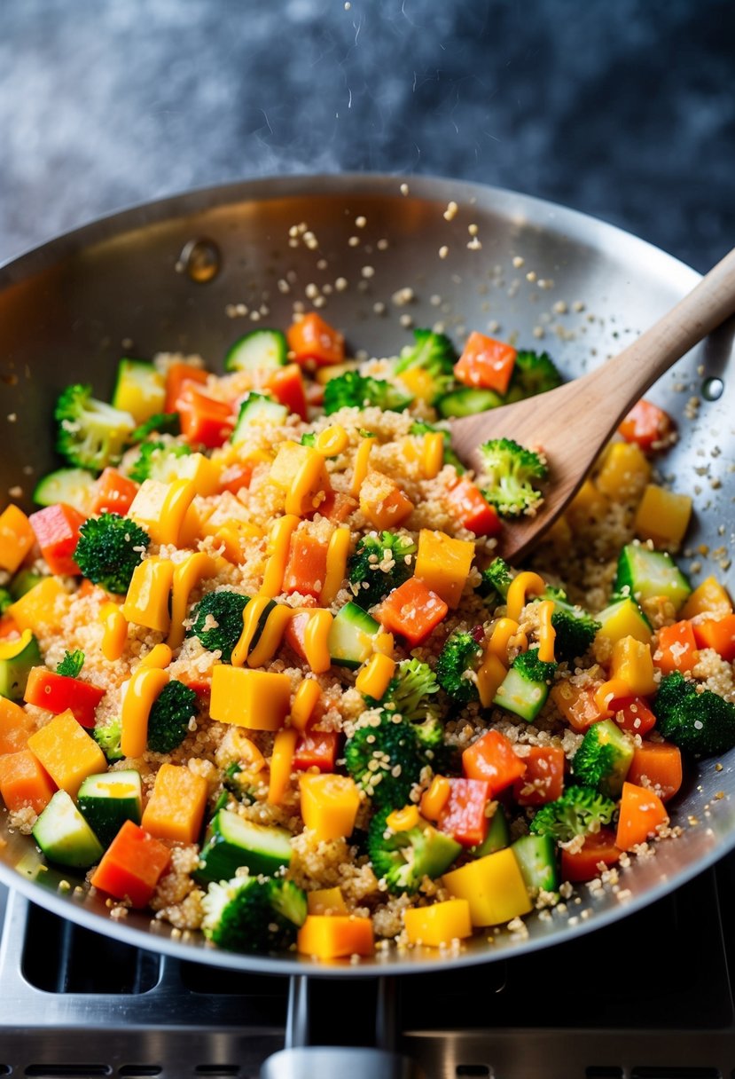 A colorful array of diced vegetables sizzling in a wok, mixed with fluffy quinoa and drizzled with a savory sauce