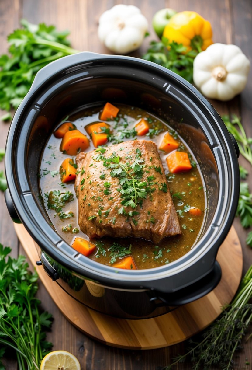 A crockpot filled with simmering pot roast in herb gravy, surrounded by fresh herbs and vegetables