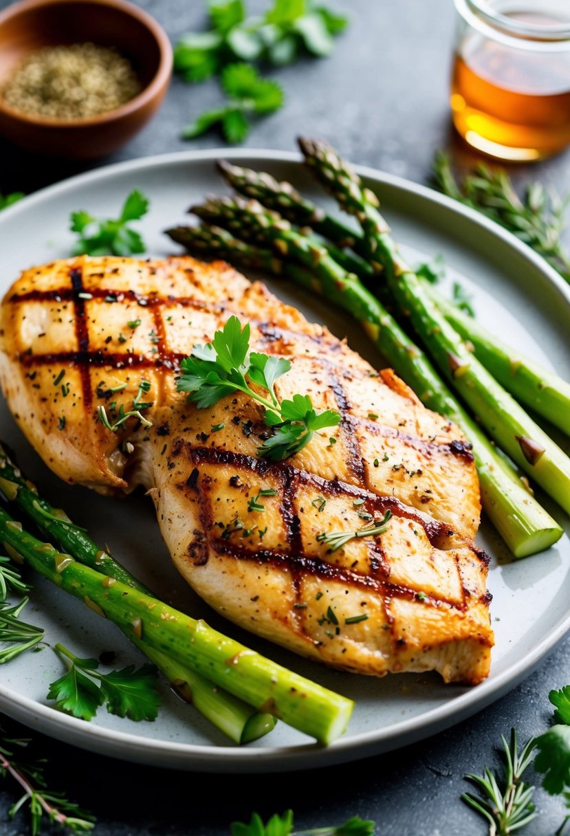 Grilled chicken and asparagus on a plate, surrounded by fresh herbs and spices