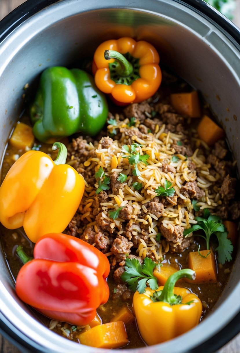 Bell peppers, rice, and ground meat simmer in a crockpot, surrounded by savory herbs and spices. A tantalizing aroma fills the kitchen as the ingredients meld together