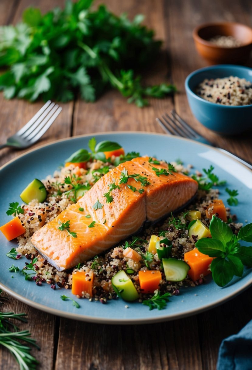 A plate of baked salmon with quinoa, surrounded by fresh herbs and colorful vegetables, sits on a rustic wooden table