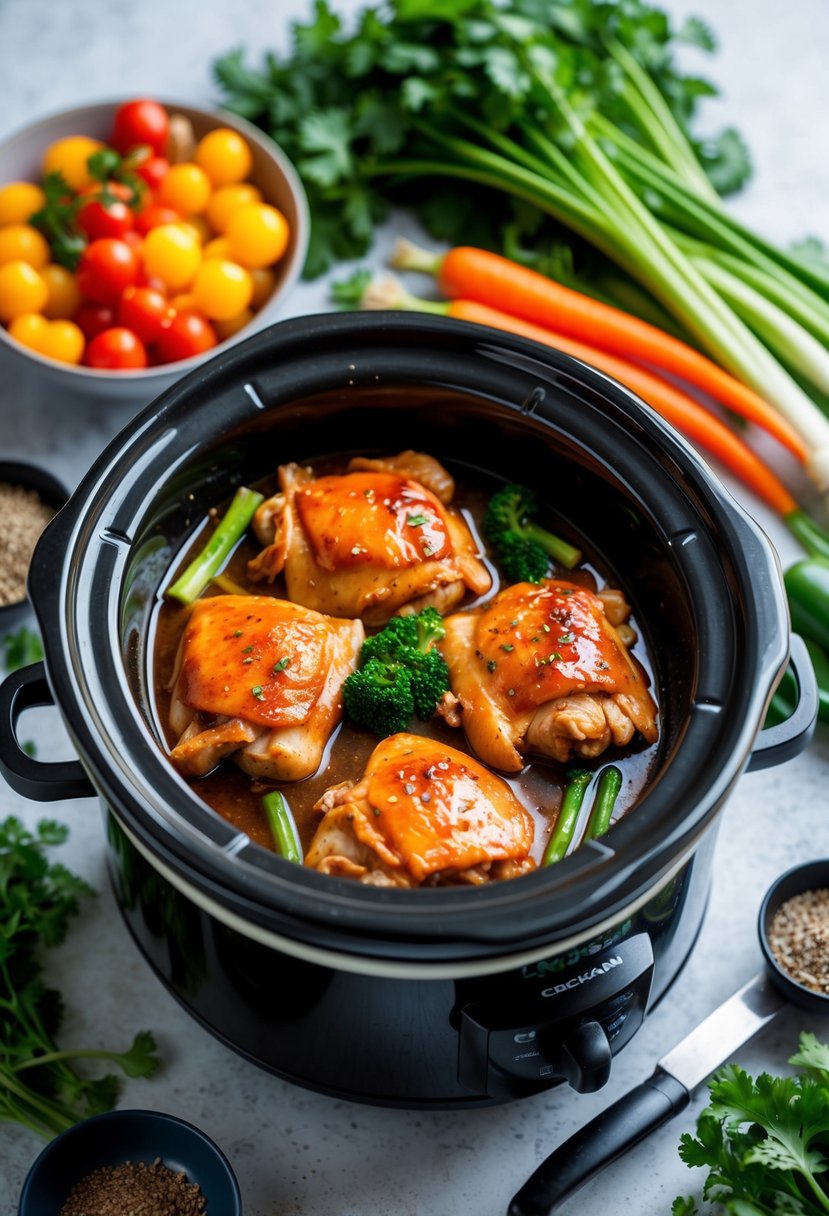 A crockpot filled with tender teriyaki chicken thighs, surrounded by vibrant vegetables and aromatic seasonings