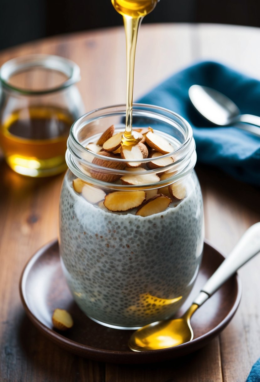 A glass jar filled with almond milk chia pudding topped with sliced almonds and a drizzle of honey, placed on a wooden table