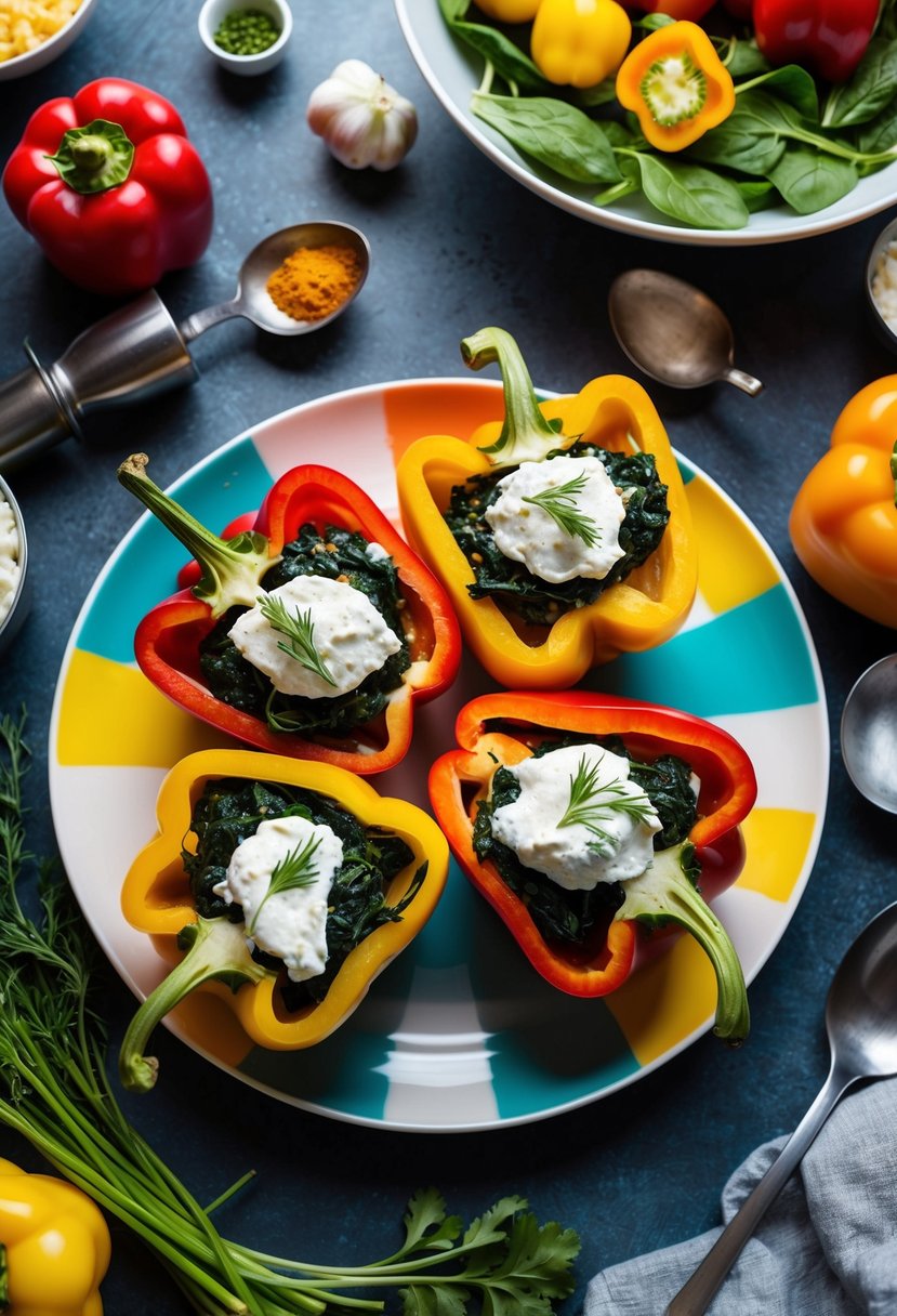 A colorful plate with halved bell peppers filled with spinach and ricotta, surrounded by fresh ingredients and cooking utensils