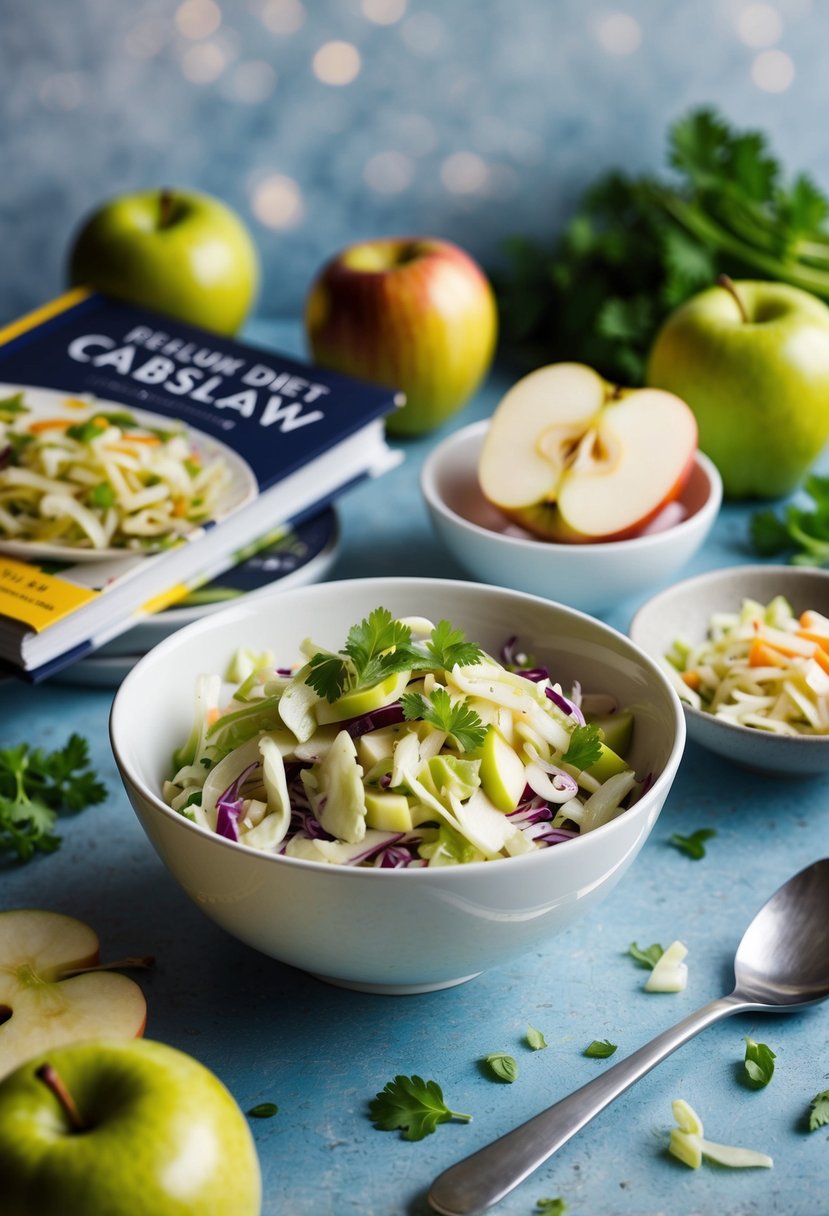 A bowl of apple and cabbage slaw surrounded by fresh ingredients and a reflux diet cookbook