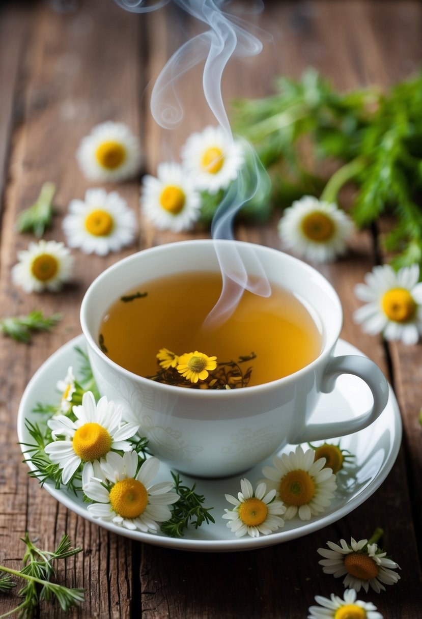 Steaming cup of chamomile tea surrounded by fresh chamomile flowers and herbs on a rustic wooden table