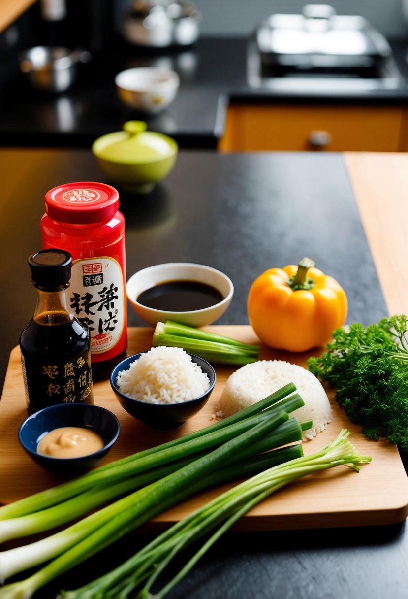 A traditional Japanese kitchen with ingredients like soy sauce, miso, rice, and fresh vegetables laid out on a wooden cutting board