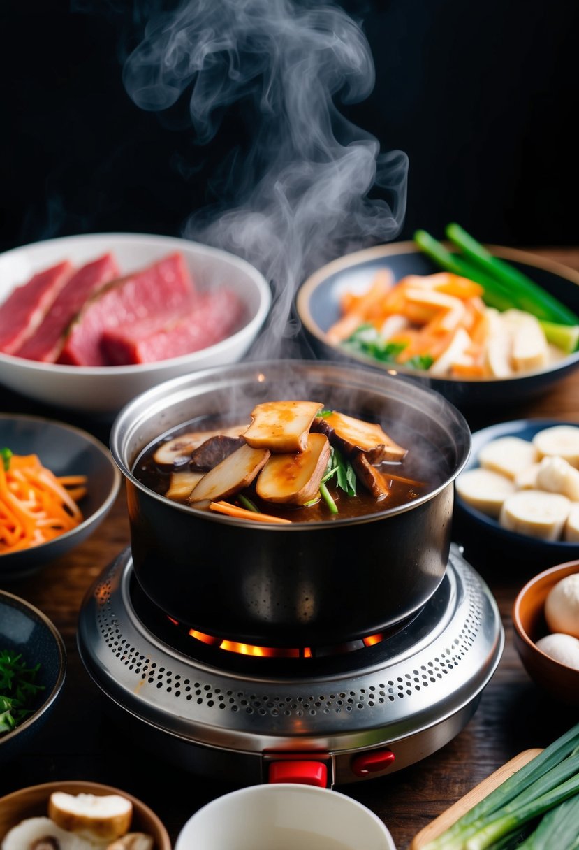 A steaming pot of sukiyaki simmers on a portable stove, surrounded by fresh ingredients like thinly sliced beef, tofu, mushrooms, and vegetables