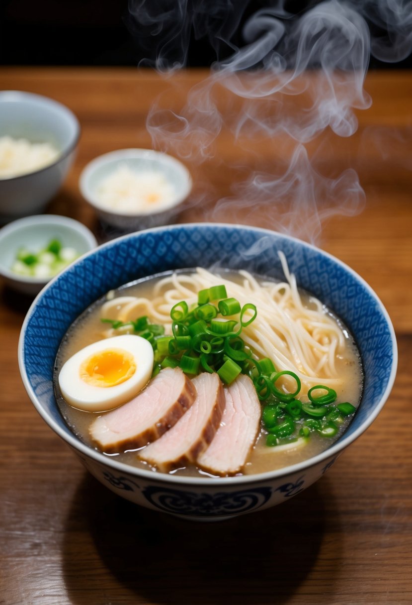 A steaming bowl of tonkotsu ramen, garnished with slices of tender chashu pork, green onions, and a perfectly boiled egg, served in a traditional Japanese ceramic bowl