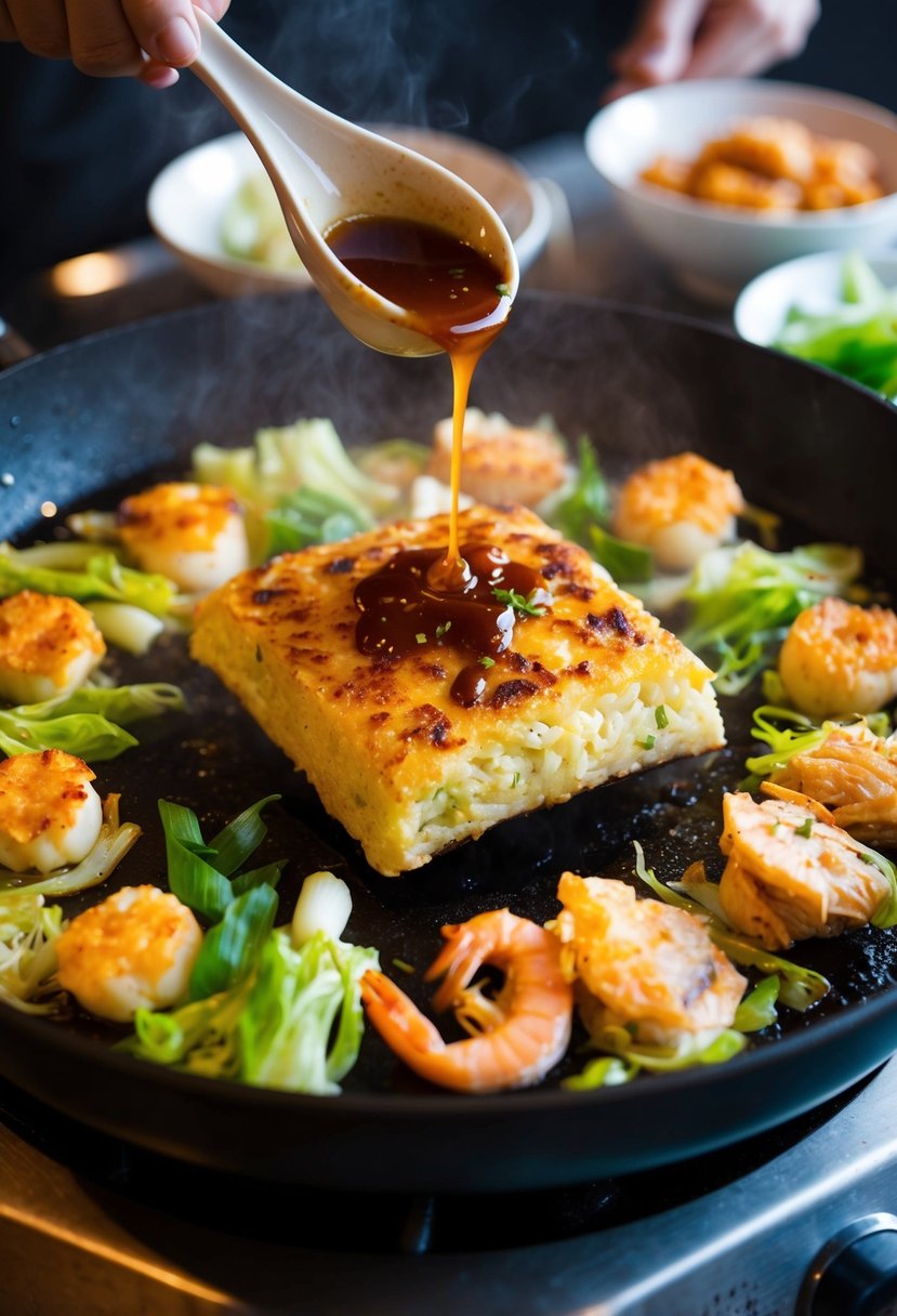 A sizzling okonomiyaki being cooked on a hot griddle, surrounded by various ingredients like cabbage, green onions, and seafood, with a drizzle of savory sauce on top