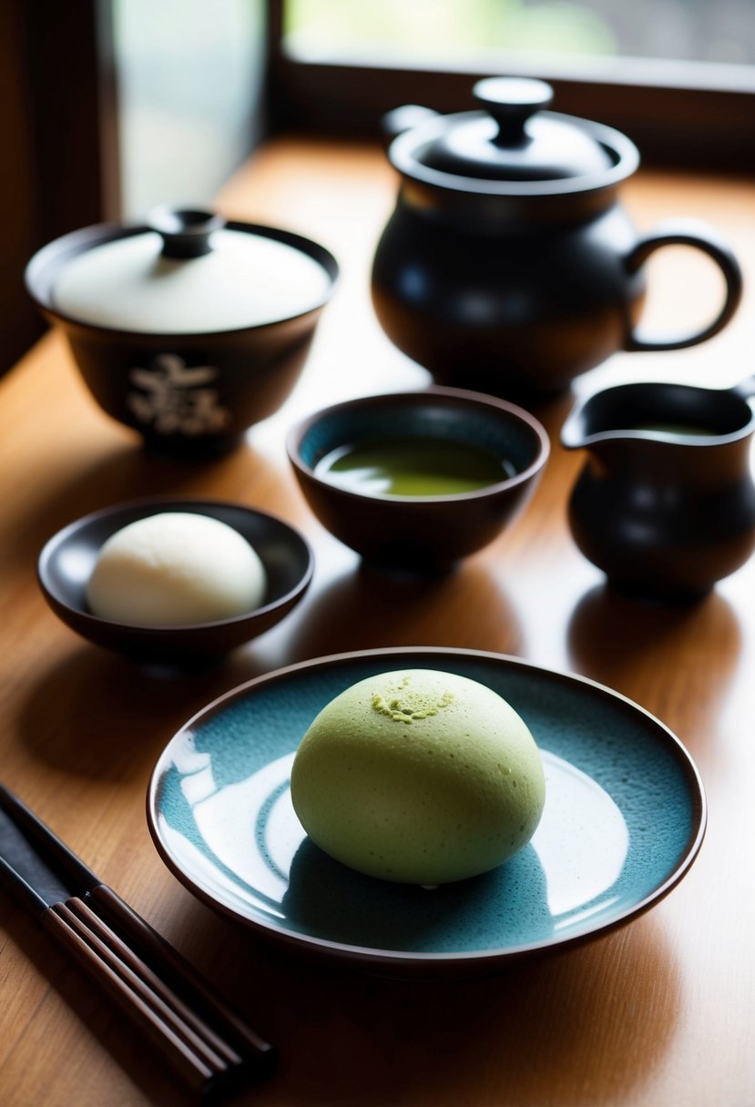 A serene Japanese tea ceremony setting with a plate of matcha mochi and traditional utensils