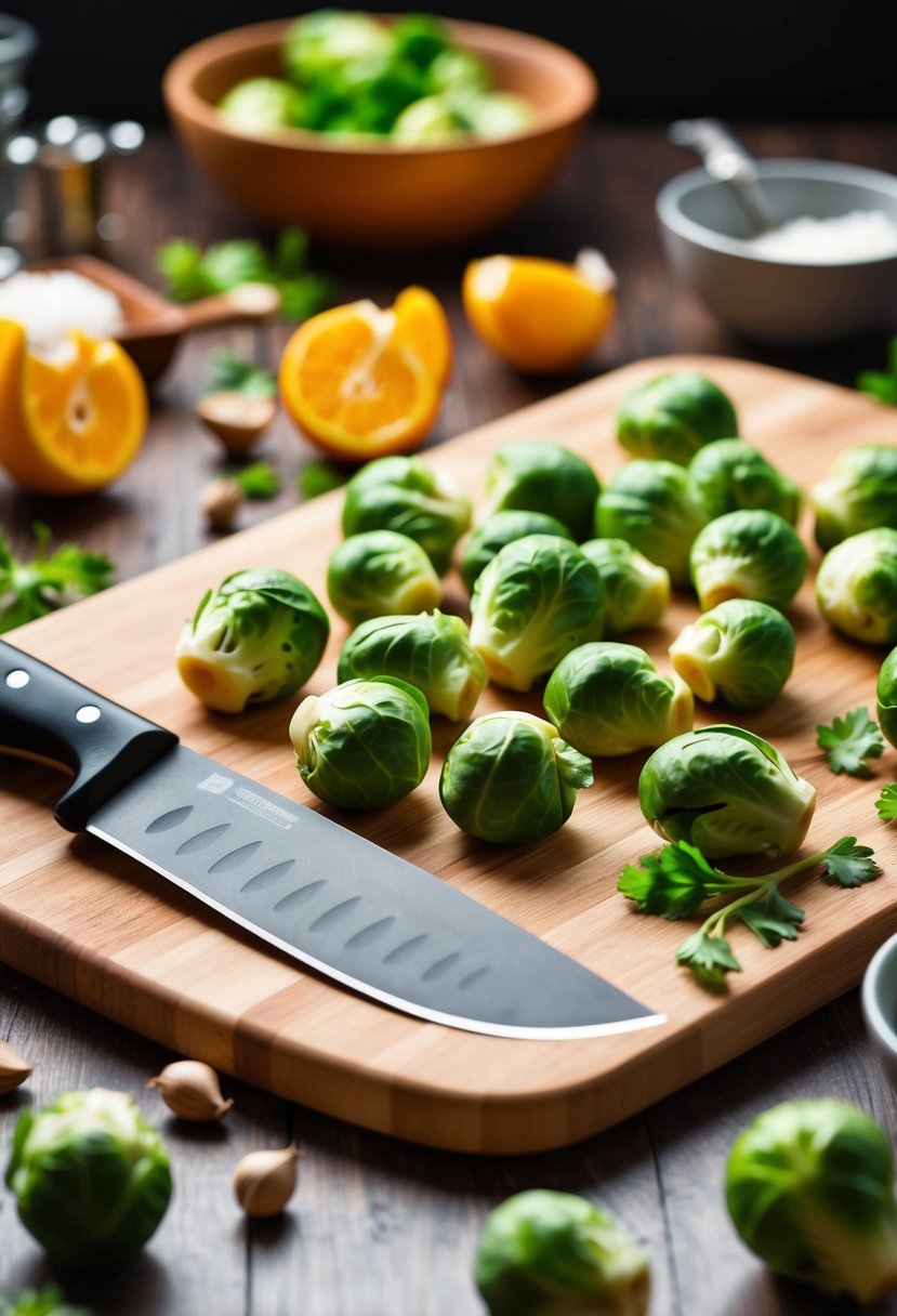 A cutting board with fresh brussel sprouts, a knife, and various cooking ingredients scattered around