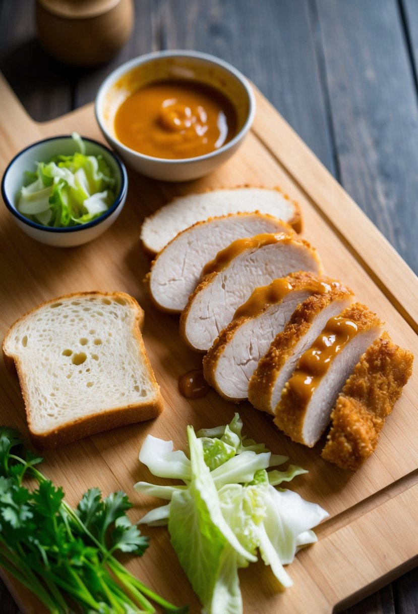 A wooden cutting board with fresh ingredients: sliced pork cutlets, crustless white bread, cabbage, and tonkatsu sauce