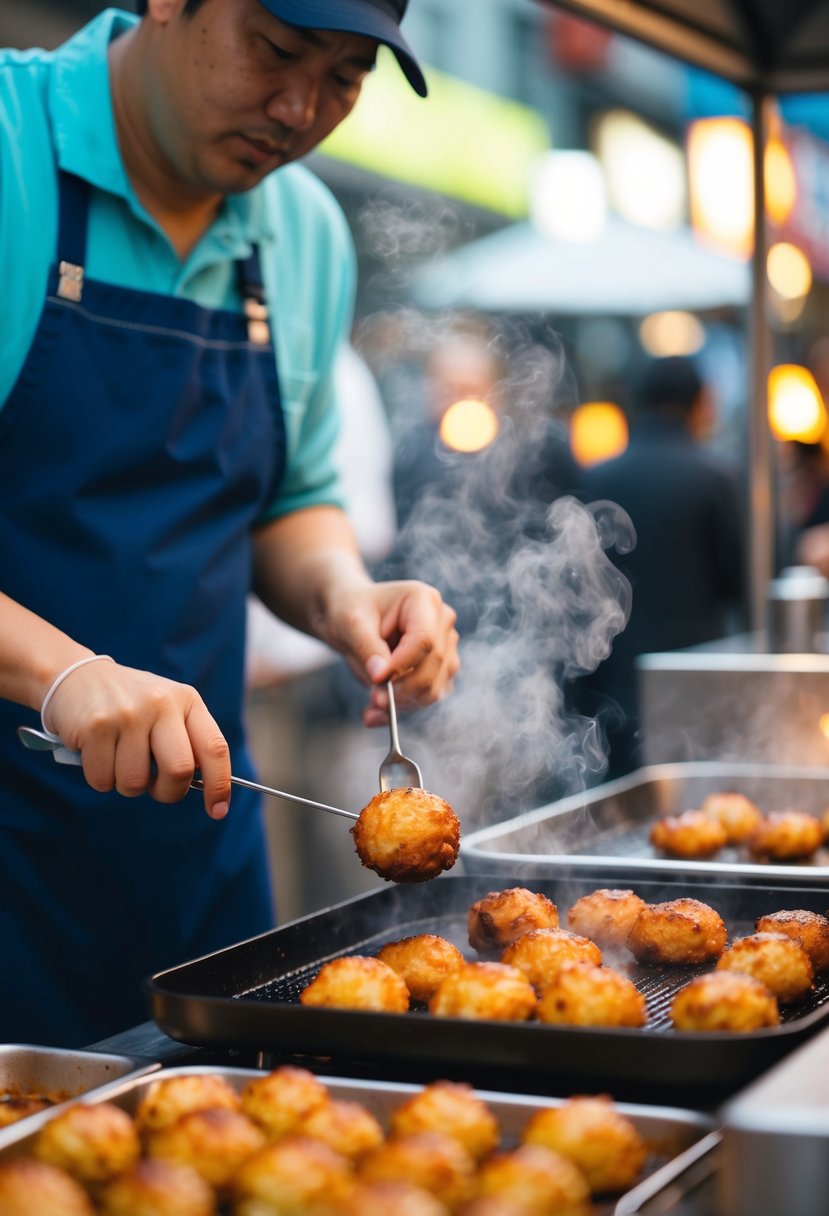 A street vendor cooks takoyaki on a sizzling hot griddle, flipping the savory octopus-filled balls with a metal skewer. Steam rises as the golden brown snack takes shape