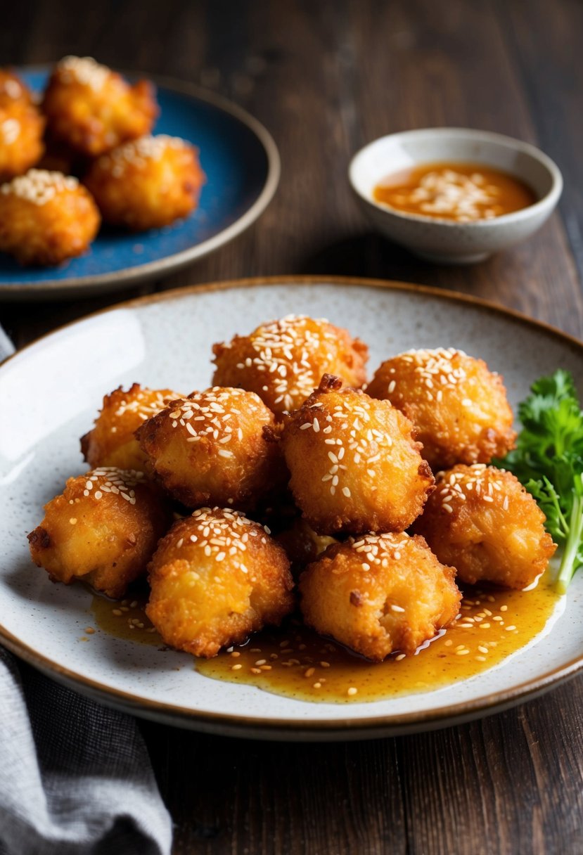 A sizzling hot plate of golden brown karaage chicken, garnished with a sprinkle of sesame seeds and served with a side of tangy dipping sauce