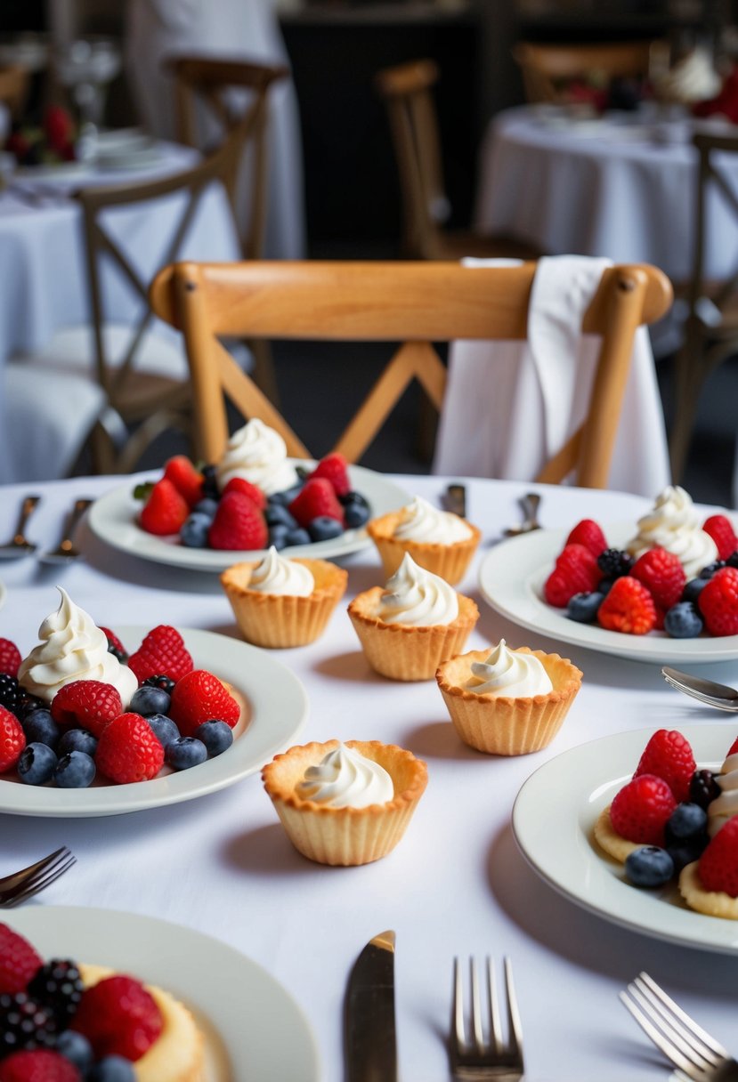 A table set with an assortment of fresh berries, whipped cream, and pastry shells. A chef's hat and apron are draped over the back of a chair