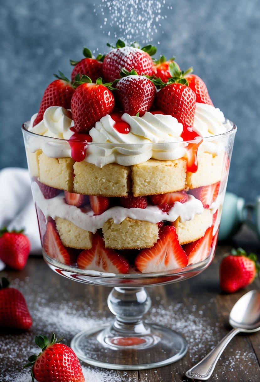 A glass trifle bowl filled with layers of fluffy cake, whipped cream, and fresh strawberries, topped with a drizzle of strawberry sauce and a sprinkle of powdered sugar