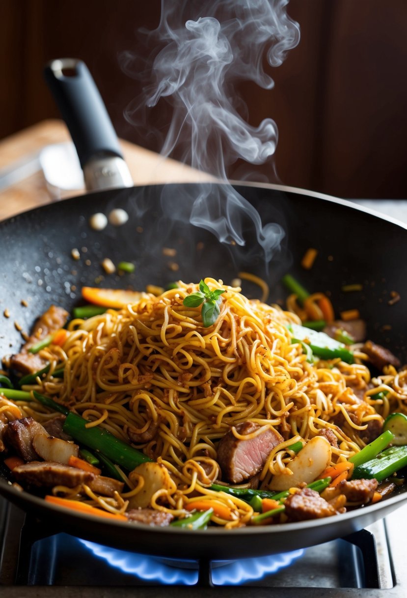 A sizzling hot wok filled with stir-fried yakisoba noodles, mixed with crunchy vegetables and savory slices of meat, emitting a mouthwatering aroma