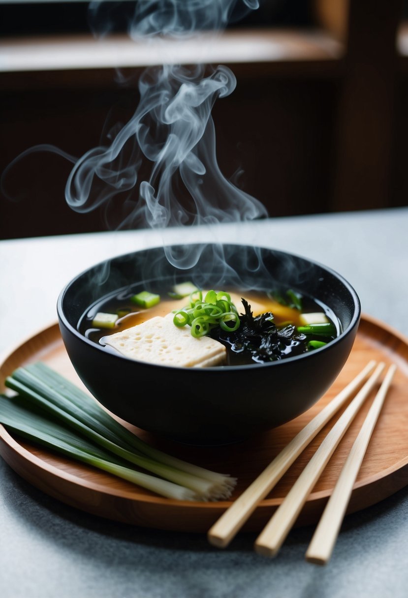 A steaming bowl of miso soup with tofu, seaweed, and green onions sits on a wooden tray next to a pair of chopsticks