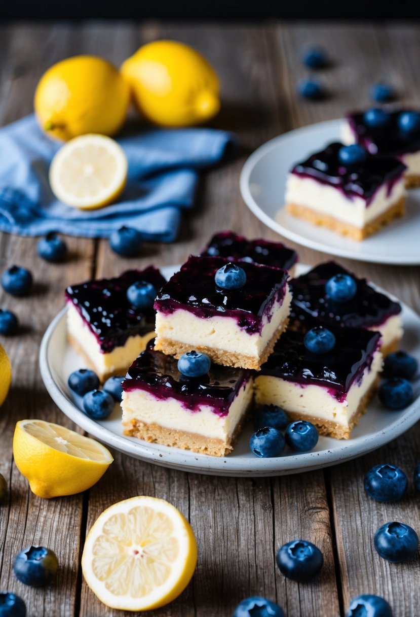 A rustic wooden table with a platter of blueberry lemon cheesecake bars surrounded by fresh blueberries and lemon slices