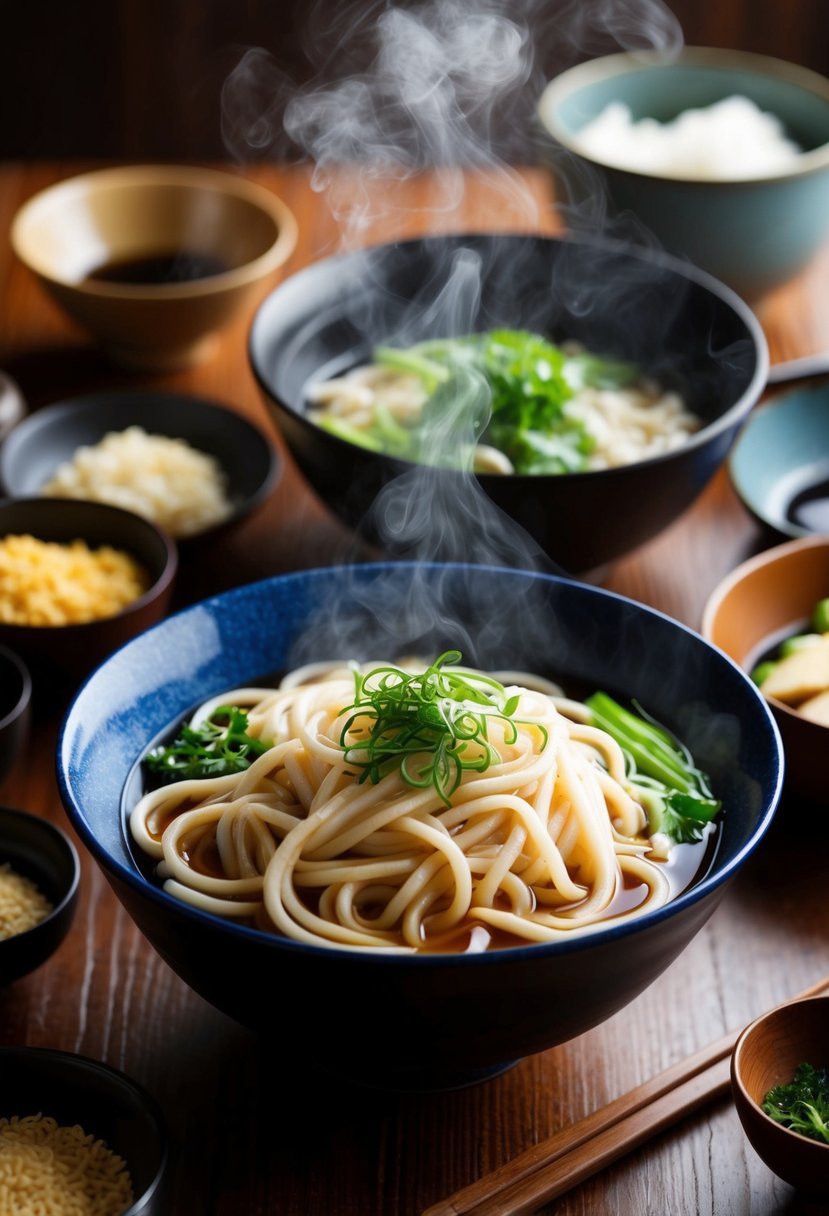 A steaming bowl of udon noodles surrounded by traditional Japanese ingredients and utensils on a wooden table