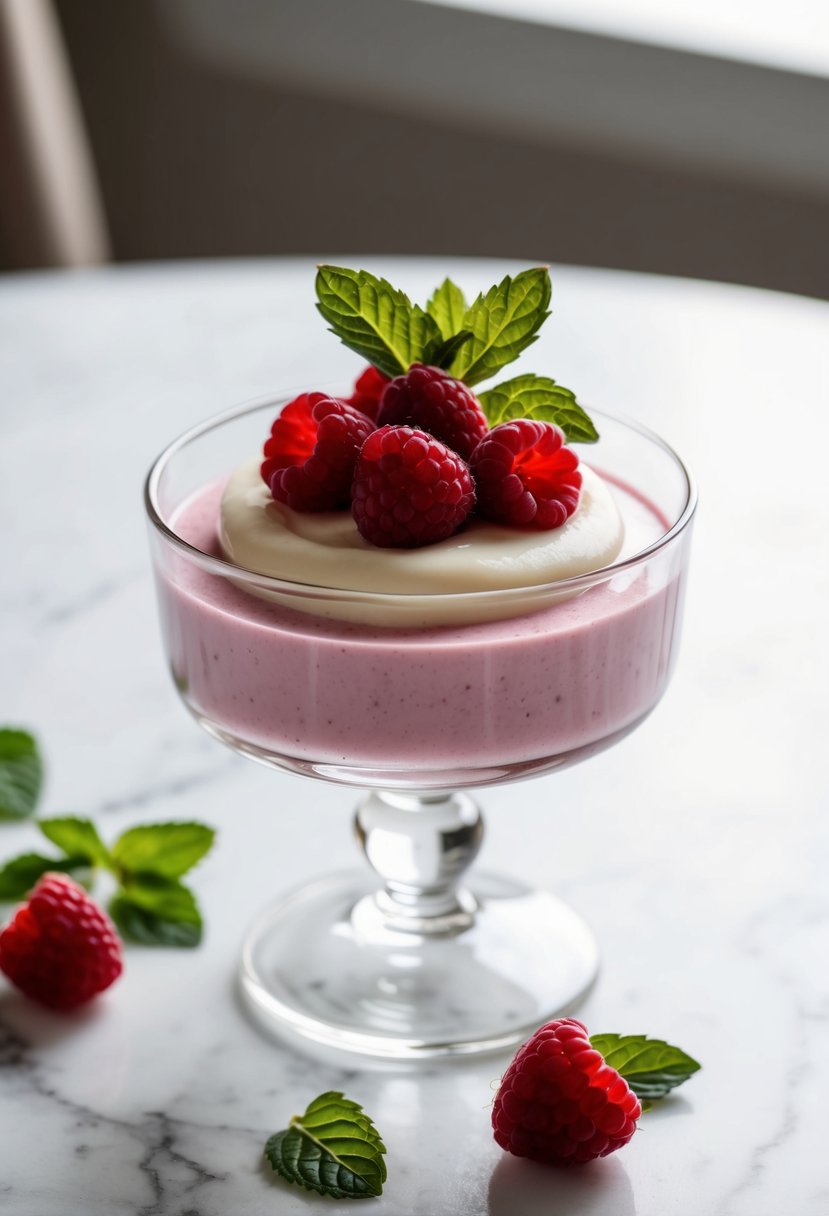 A glass dish of raspberry vanilla panna cotta topped with fresh berries and mint leaves on a white marble table