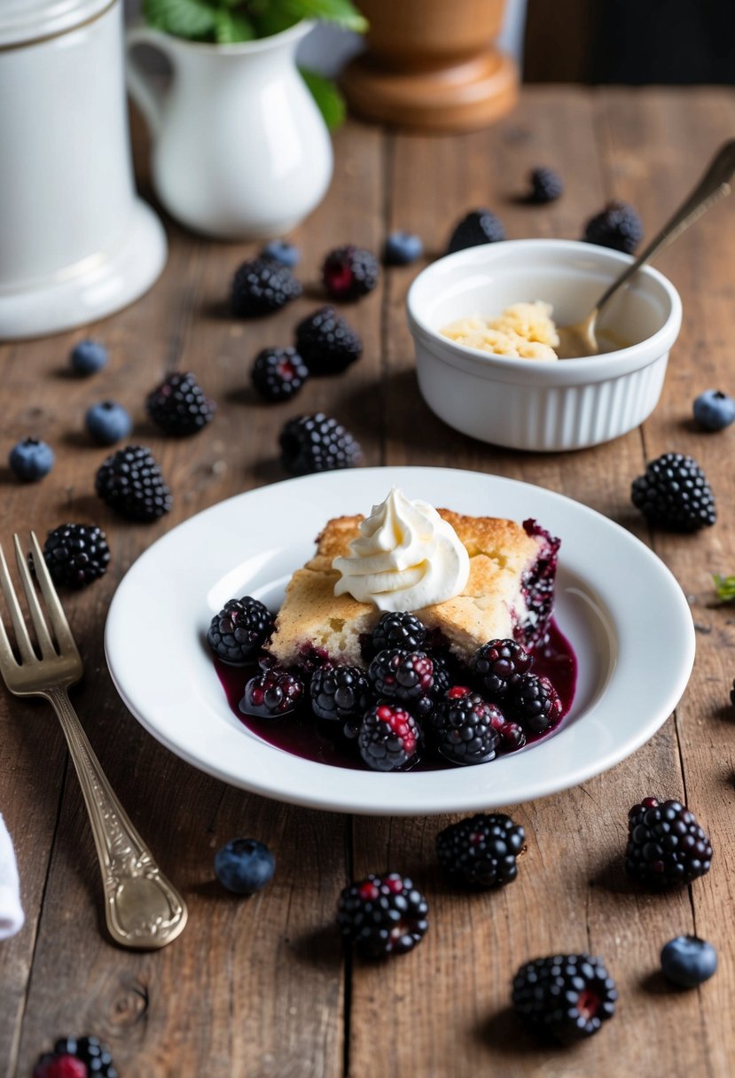 A rustic kitchen table with a freshly baked blackberry cobbler surrounded by scattered berries and a dollop of whipped cream