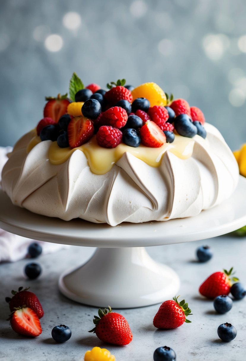 A light and airy pavlova topped with a colorful assortment of fresh mixed berries, glistening with a sweet glaze