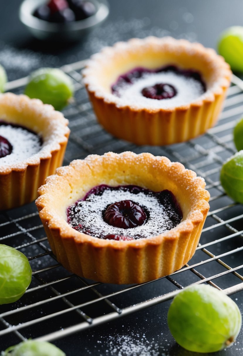 Three golden-brown gooseberry tartlets cooling on a wire rack, surrounded by fresh gooseberries and a scattering of powdered sugar