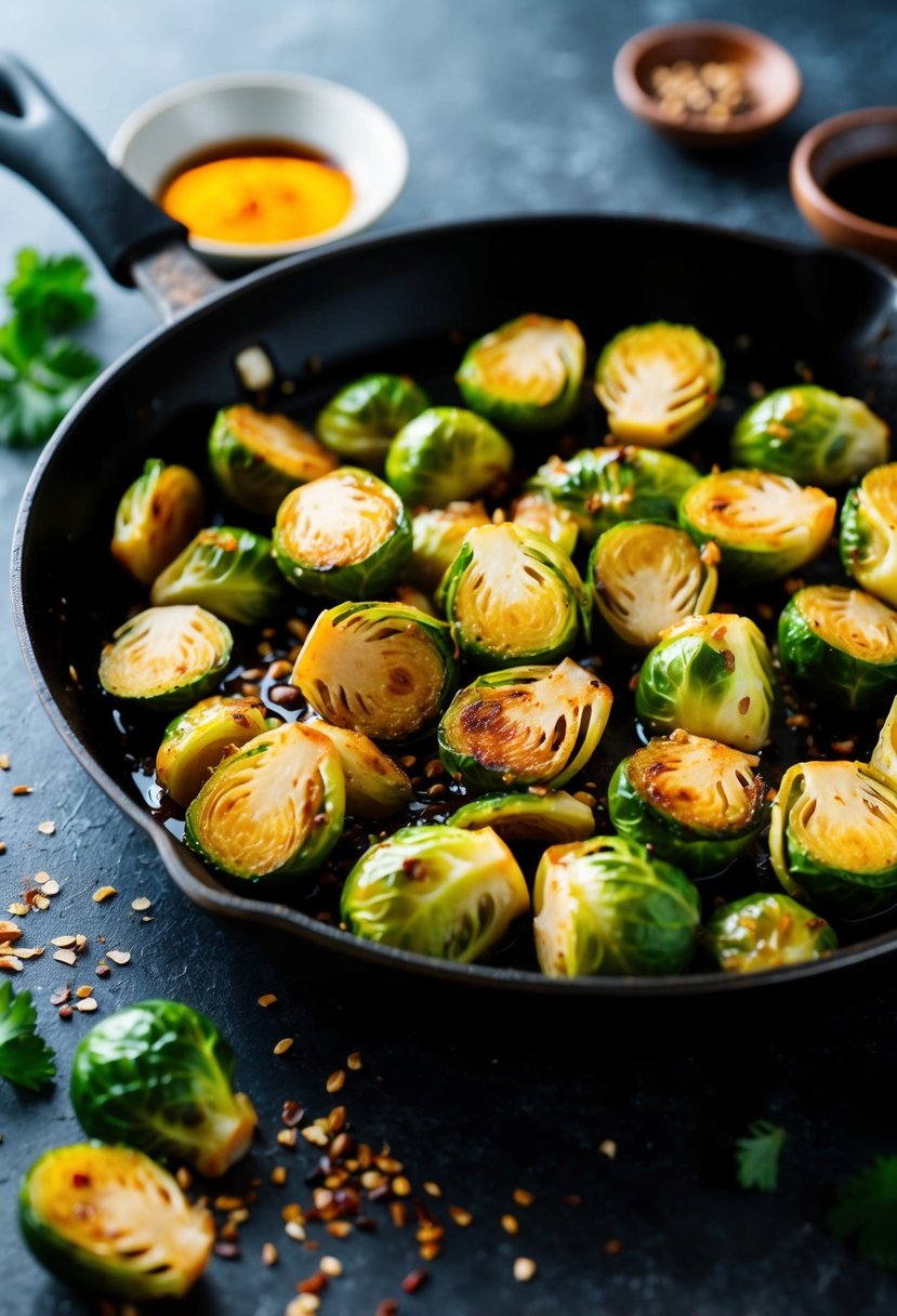 A sizzling skillet of golden-brown Brussels sprouts, glistening with a spicy Asian glaze, surrounded by scattered ingredients like soy sauce and chili flakes