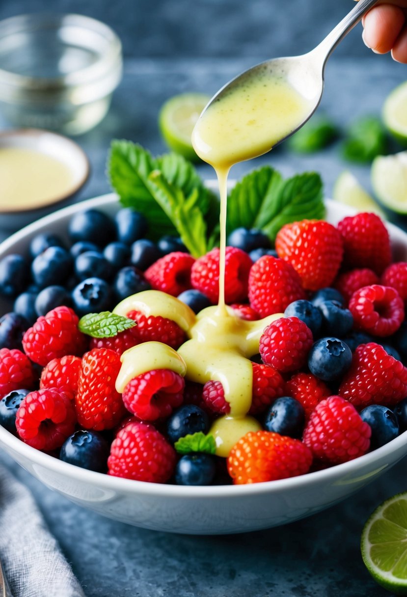 A vibrant assortment of fresh berries arranged in a bowl, drizzled with a glistening honey-lime dressing