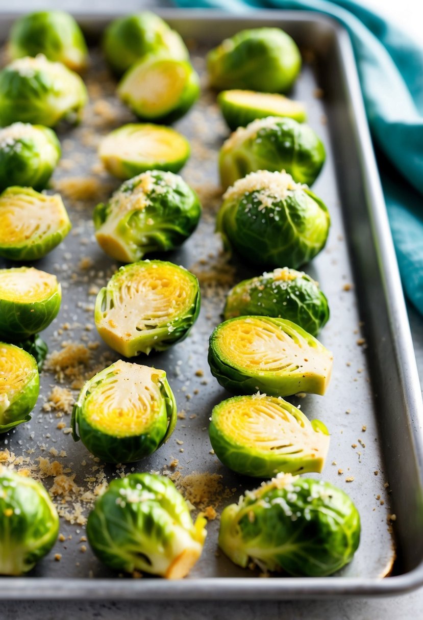 Fresh Brussels sprouts sprinkled with Parmesan and Panko, arranged on a baking sheet ready to be roasted