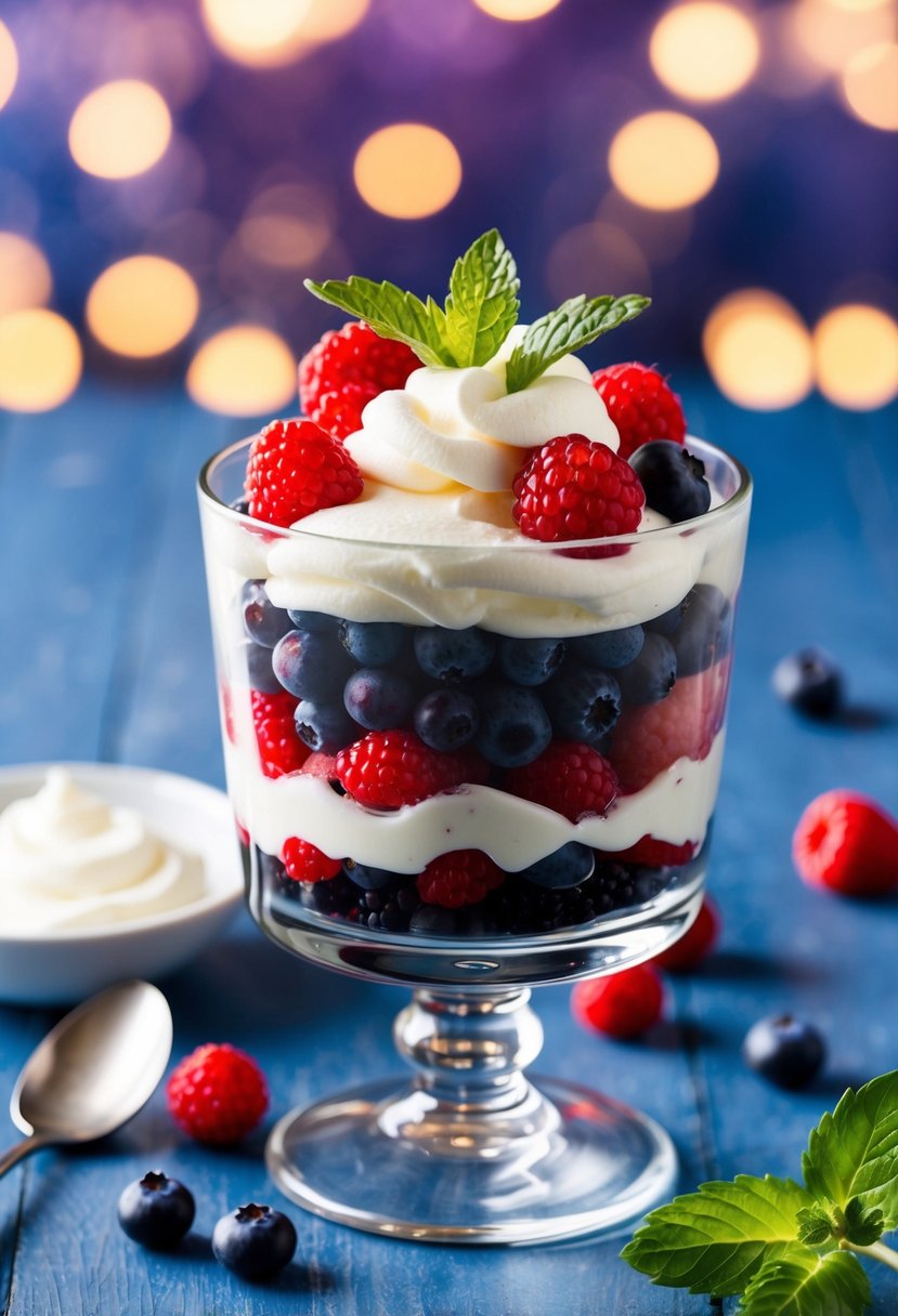 A glass parfait dish filled with layers of vibrant red and purple berries, topped with a dollop of whipped cream and a sprig of fresh mint