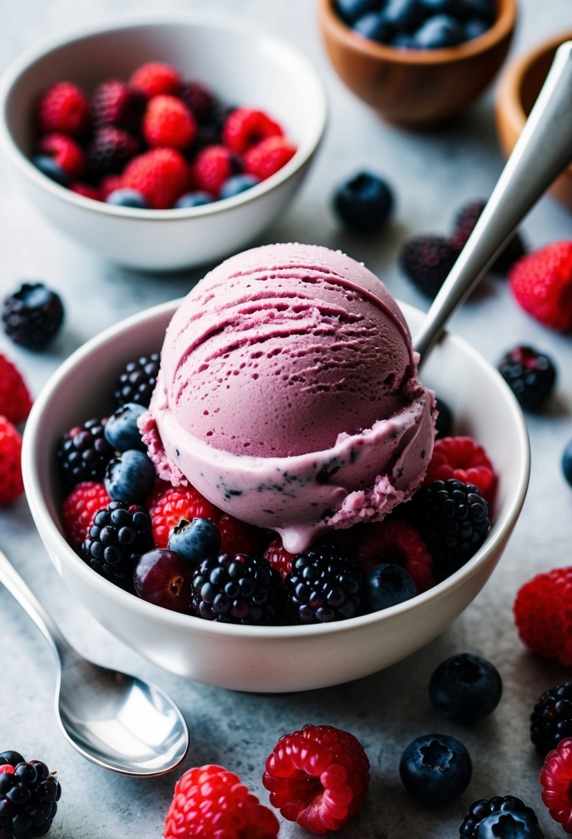 A scoop of mulberry ice cream atop a bed of fresh berries, surrounded by ingredients for a dessert recipe