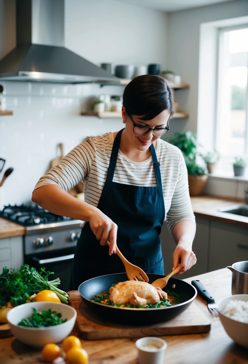 A person cooking a simple chicken dish in a well-lit kitchen, surrounded by fresh ingredients and cooking utensils