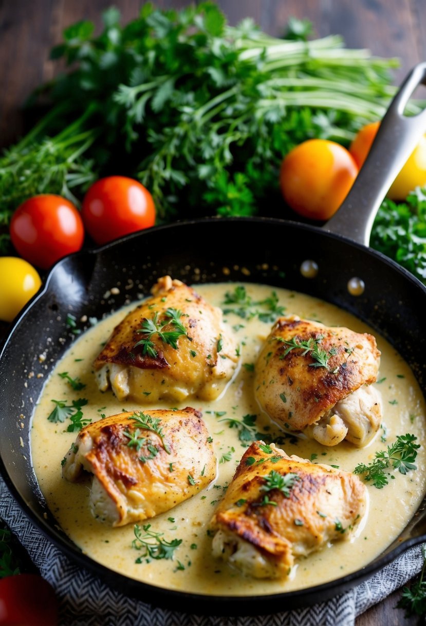 A skillet sizzling with creamy Tuscan chicken, surrounded by fresh herbs and colorful vegetables