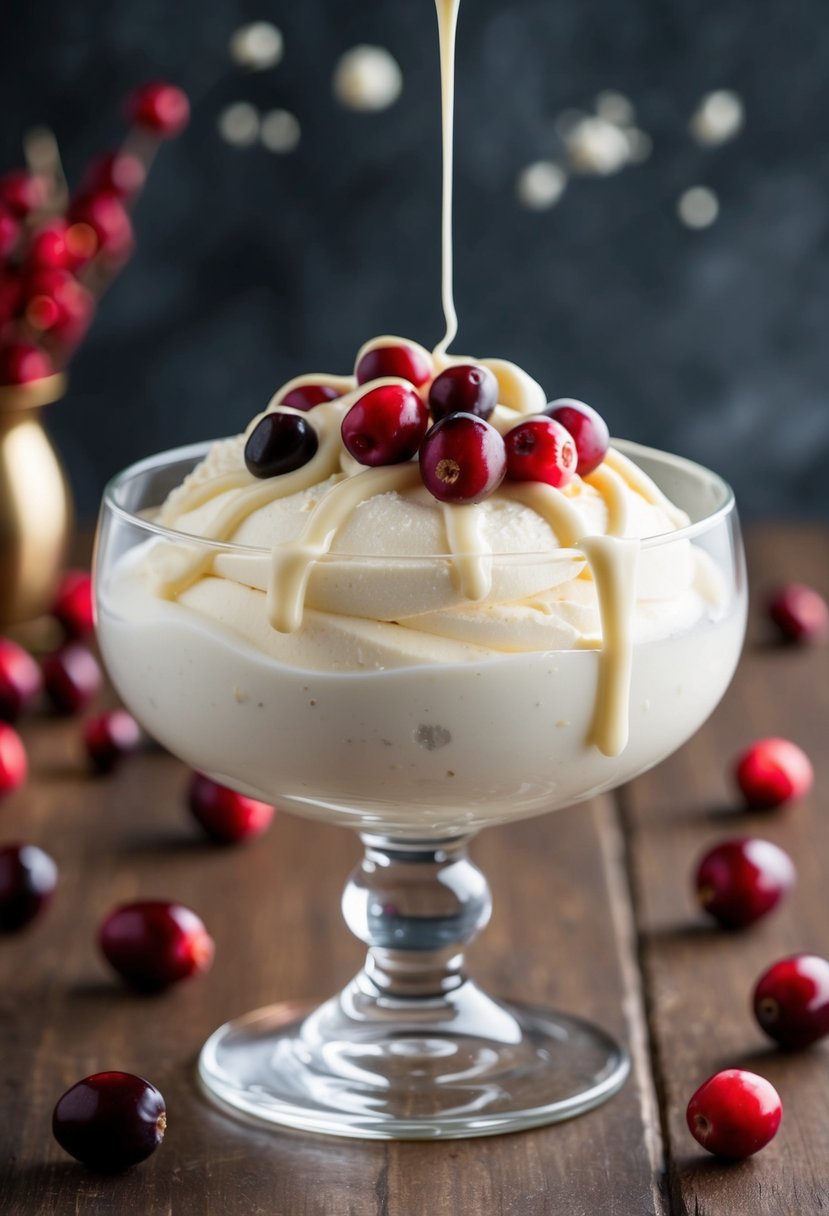 A glass bowl filled with creamy white mousse topped with vibrant red cranberries and drizzled with melted white chocolate