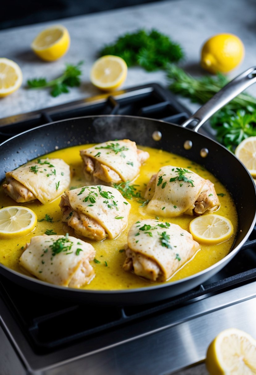 A sizzling skillet of lemon garlic butter chicken cooking on a stovetop. Lemon slices and fresh herbs scattered around