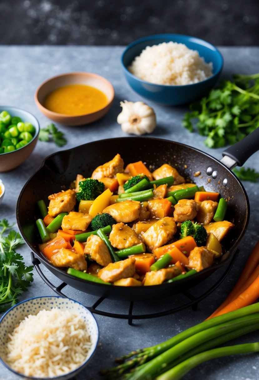 A sizzling skillet with honey garlic chicken stir fry, surrounded by colorful vegetables and steaming rice