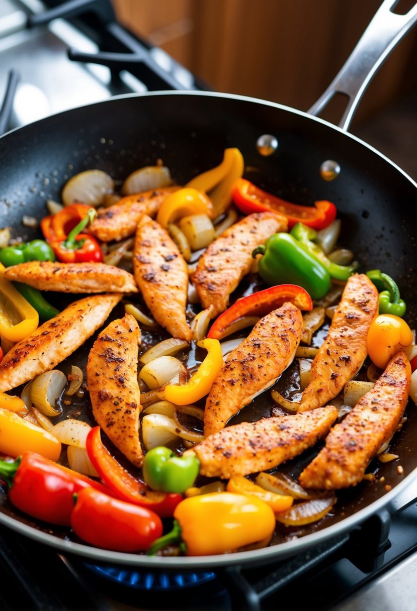 A sizzling skillet of colorful bell peppers, onions, and seasoned chicken strips cooking together over a hot stove