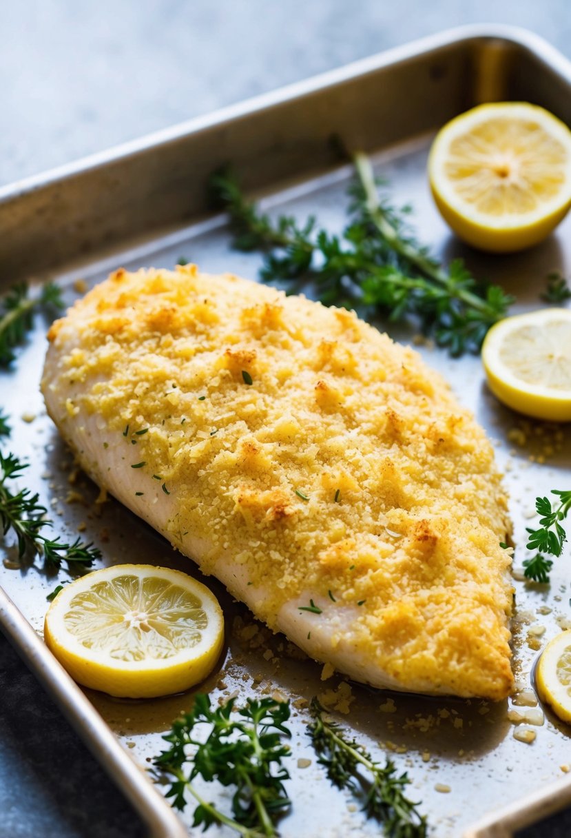 A golden-brown Parmesan crusted chicken breast on a baking sheet, surrounded by fresh herbs and lemon slices