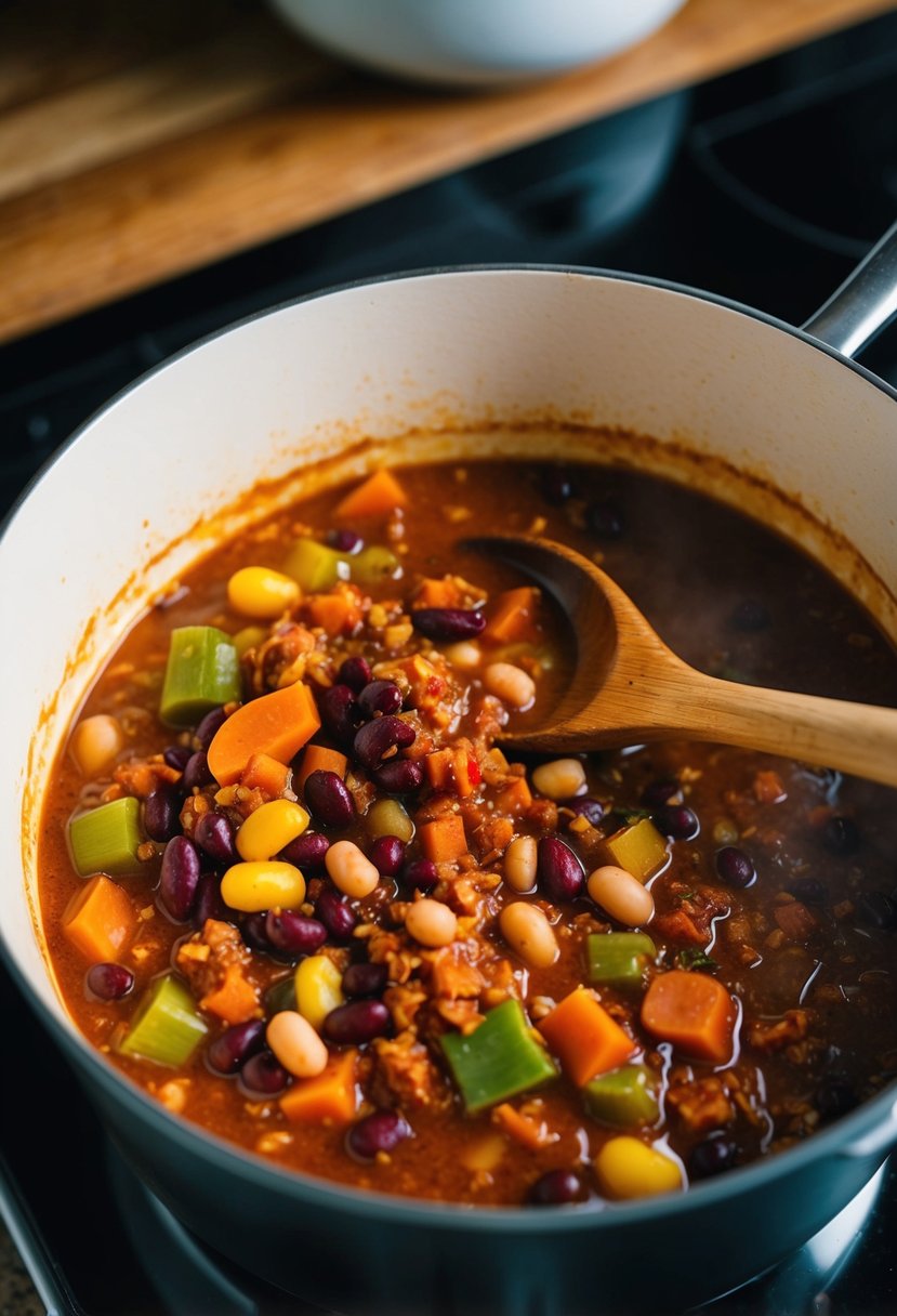 A pot of chili simmering on a stovetop, filled with colorful vegetables, beans, and spices. A wooden spoon rests on the edge of the pot