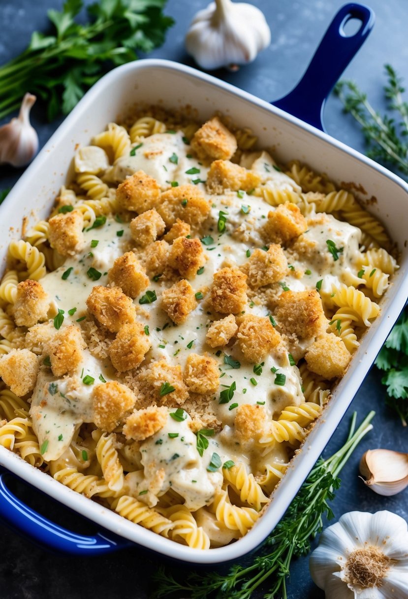 A baking dish filled with creamy chicken alfredo pasta topped with melted cheese and breadcrumbs, surrounded by fresh herbs and garlic cloves