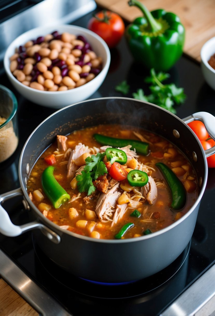 A pot of simmering turkey and green pepper chili on a stovetop. Ingredients like beans, tomatoes, and spices are nearby