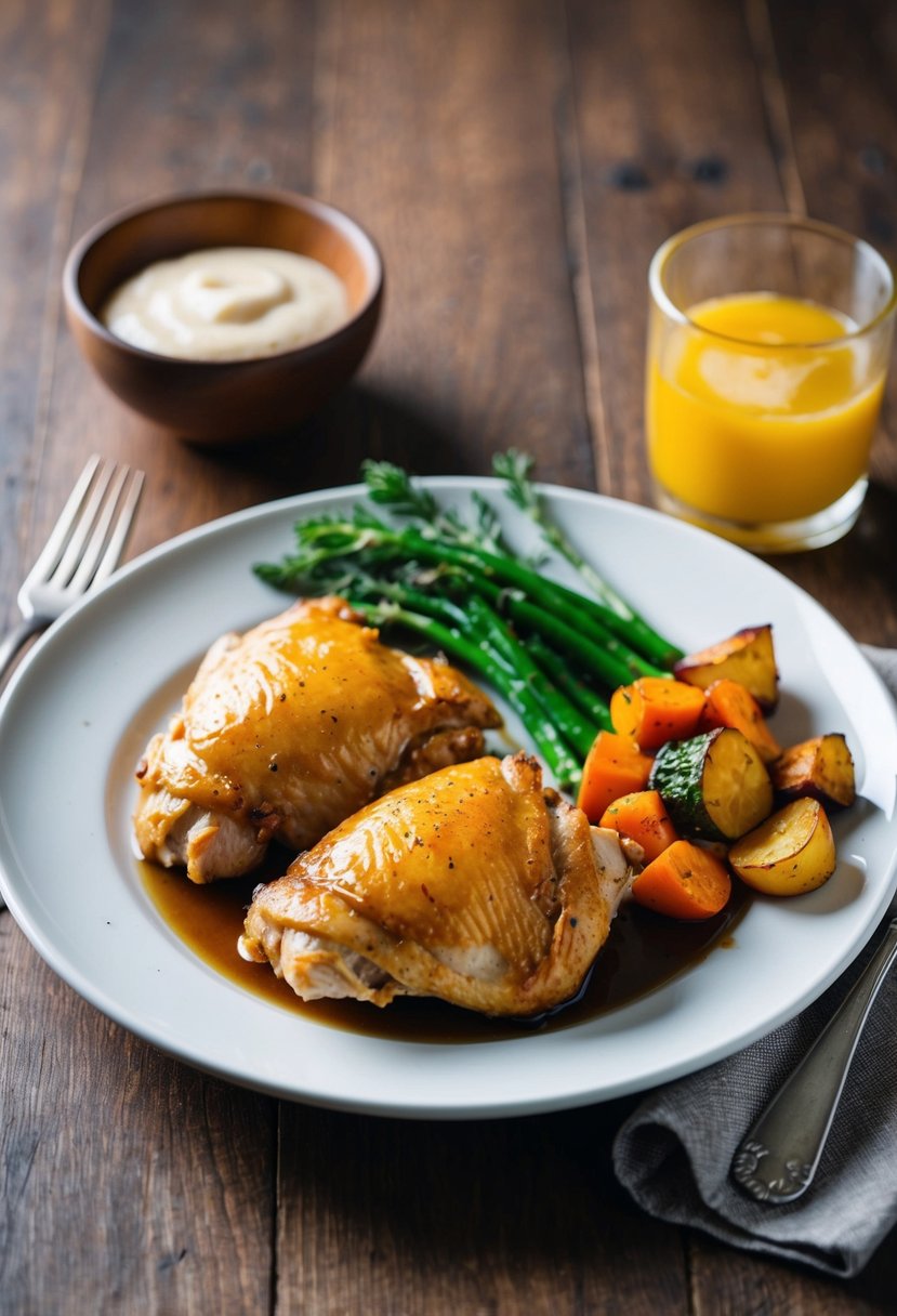 A plate of Maple Dijon Chicken Thighs with a side of roasted vegetables on a wooden table