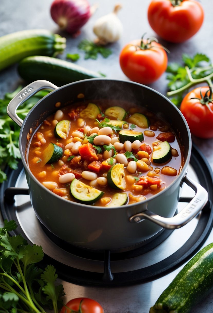 A pot of zucchini and white bean chili simmering on a stovetop, surrounded by fresh ingredients like tomatoes, onions, and herbs